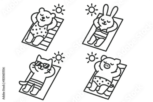 Adorable cartoon animals sunbathing on beach towels during summer holiday