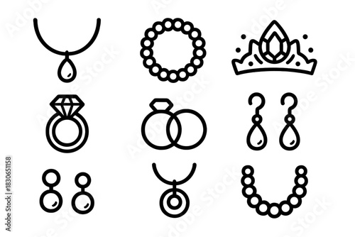 Luxury jewelry items including engagement rings, wedding bands, necklaces, earrings, bracelet, and a diamond tiara