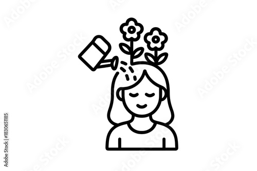 Woman watering flowers growing from her head representing mental health and personal growth