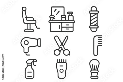 Barbershop and hair salon equipment including chair, scissors, comb, and trimmer