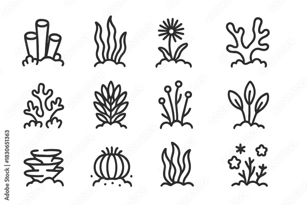 Fototapeta premium Simple line icons of underwater plants, coral, marine algae, and seaweed