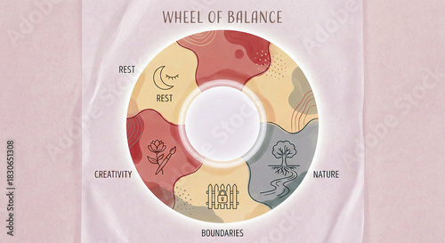Hand-drawn watercolor Wheel of Balance infographic featuring Rest, Creativity, Boundaries and Nature sections, symbolizing mental health and holistic self-care
