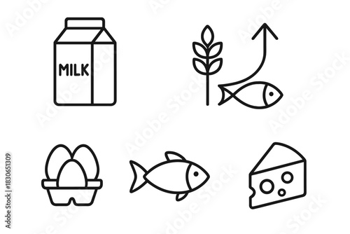 Essential food items including milk, eggs, fish, cheese, and grain for balanced nutrition