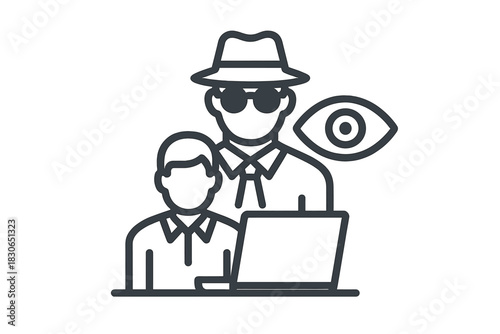 Digital espionage and online surveillance concept with a spy figure and laptop