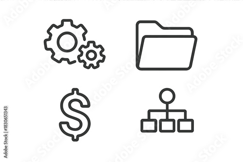 Essential business icons set including settings, folder, finance, and organizational structure symbols