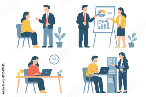 Business professionals engaged in various tasks, including presentations, meetings, and desk work