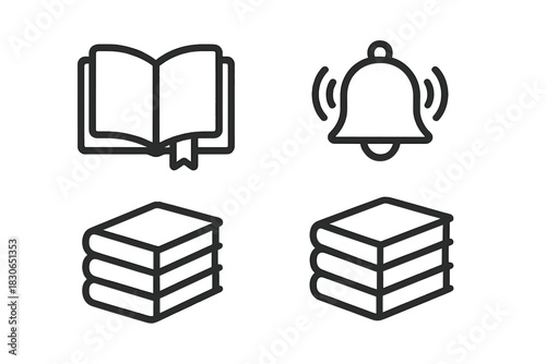 Essential education, learning, and notification icons featuring books and a ringing bell symbol