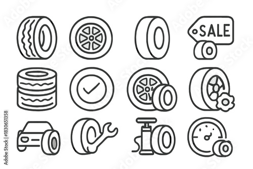 Outline symbols representing automotive tire and wheel service maintenance and repair