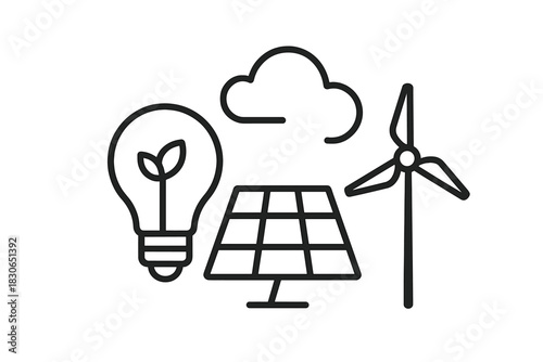 Sustainable energy icons featuring solar panel, wind turbine, lightbulb, and cloud