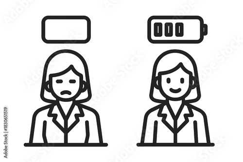 Professional woman comparing low energy and high energy states using battery level icons