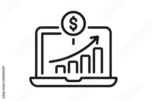 Financial growth chart on a laptop screen with dollar sign icon showing upward business performance