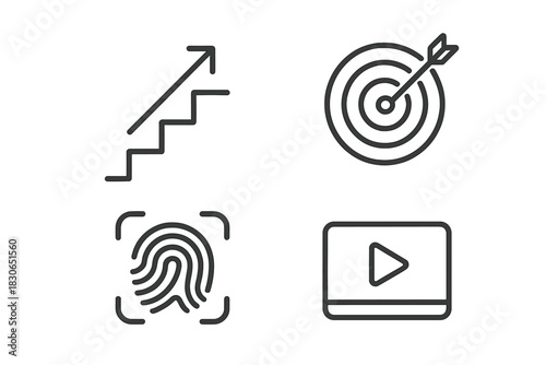 Essential business technology icons showing growth target security video media symbols