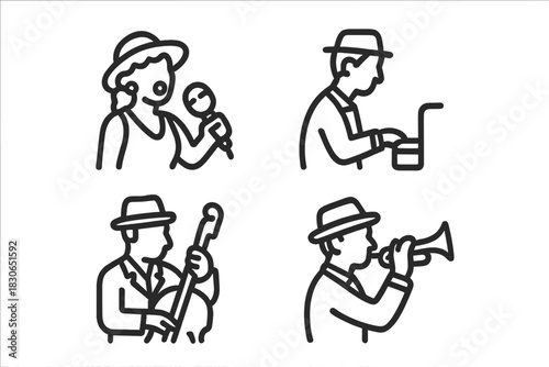 Minimalist line art portraits of a jazz band ensemble performing live music