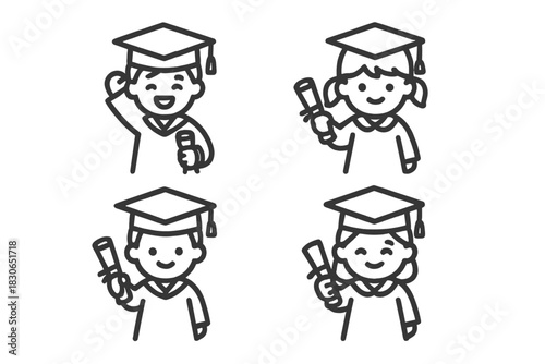 Four smiling graduates celebrating achievement with diplomas and mortarboard caps