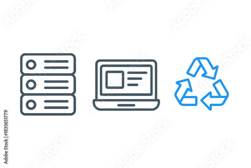 Data storage server racks, laptop computer, and environmental recycling symbol