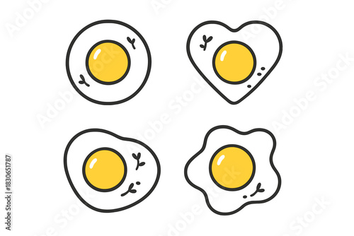 Simple outline icons of fried eggs with yellow yolks in various shapes for breakfast design
