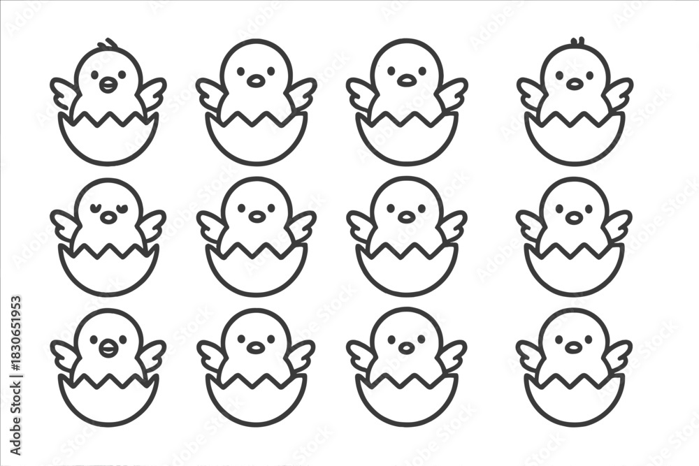 Fototapeta premium Cute newborn baby chicks hatching from cracked eggshells