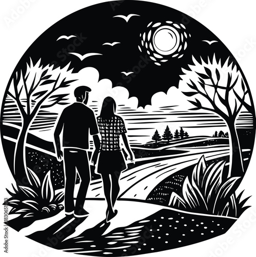 Black art vector illustration of a couple's silhouette on the beach at night