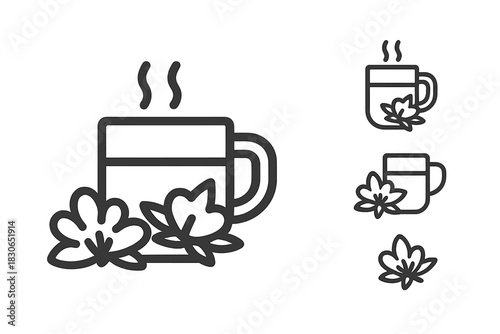 Steaming hot beverage mug with herbal flowers for natural tea and relaxation