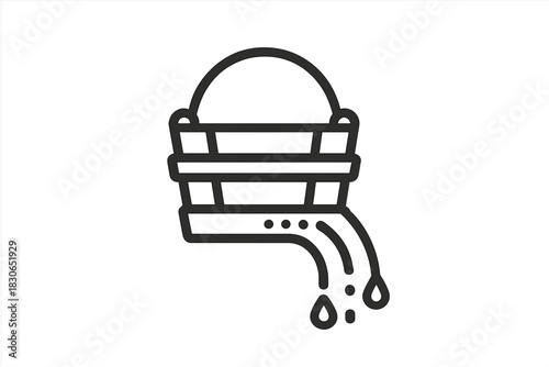 Monochrome outline style bucket pouring water stream and drops