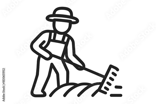 Agricultural worker using a hand rake to cultivate rows of soil for planting crops