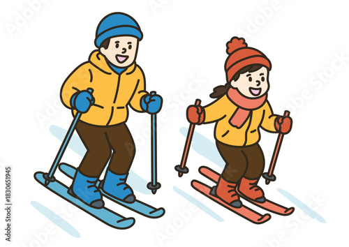 スキーを一緒に滑っている親子のイラスト Family Skiing