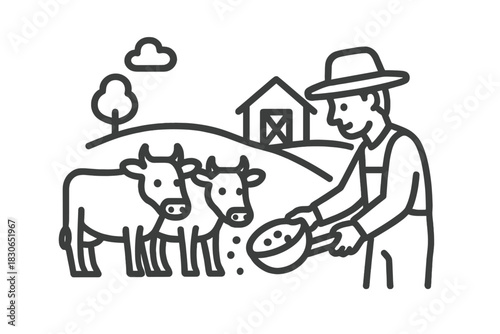 Agricultural worker feeding livestock on a dairy farm with barn and pasture