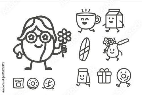 Cute anthropomorphic food and beverage characters drawn in simple minimal line art style
