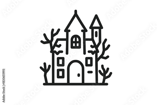 Spooky haunted house surrounded by bare trees for Halloween and horror