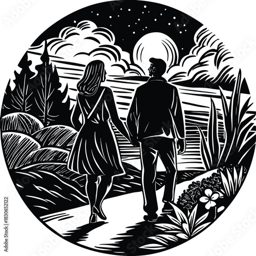 Vector woodcut sketch drawing of a black silhouette art illustration of a fashion couple