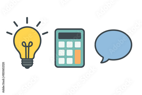 Essential business concepts represented by light bulb, calculator, and speech bubble symbols