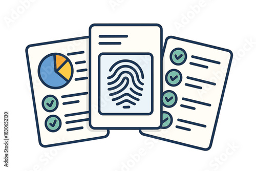 Biometric identification documents with data analysis charts and verified security checklists