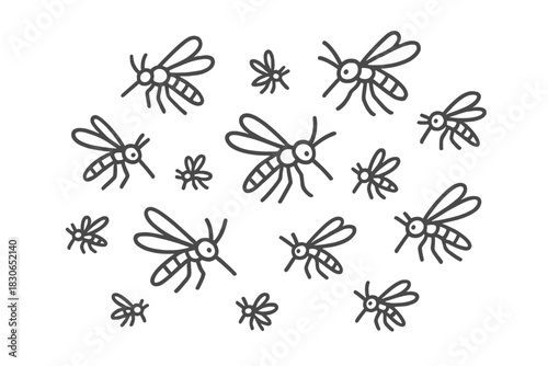Seamless pattern of flying mosquitoes and small insects in simple line art
