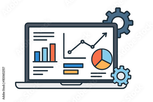 Digital data analysis and business intelligence displayed on a laptop screen with surrounding settings gears