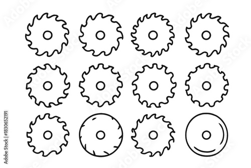 Diverse collection of sharp circular saw blades and industrial cutting tools outline icons