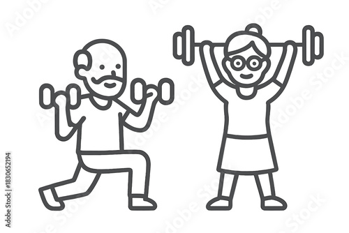 Active senior couple performing strength training exercises with dumbbells and a barbell