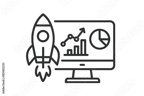 Rocket launch next to a computer screen displaying business growth charts and financial data analysis