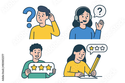 Customer service experience with people asking questions and giving star ratings