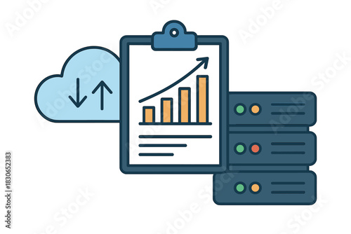 Data analysis report on clipboard connected to cloud storage and server racks