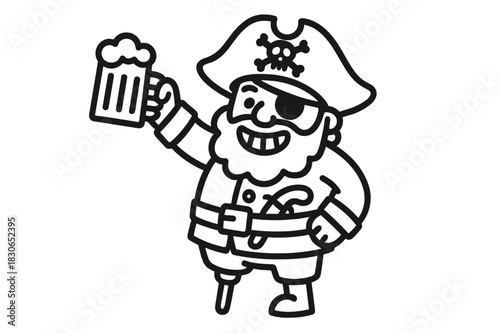 Happy cartoon pirate character raising a mug of beer in a celebratory toast