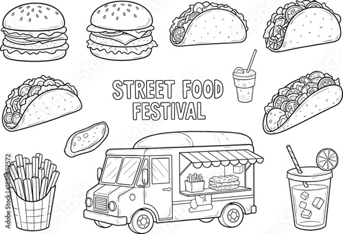 Playful Street Food Doodle Icons, Burgers & Tacos, Festival & Food Truck Sketch, Isolated