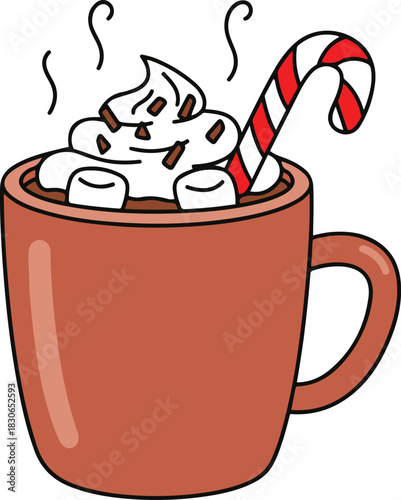 A steaming brown mug filled with hot chocolate, topped with whipped cream, marshmallows, chocolate sprinkles, and a festive candy cane.