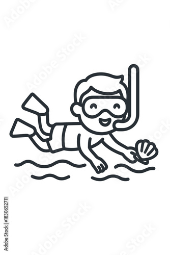 Cheerful boy snorkeling and swimming in the ocean holding a seashell during summer vacation