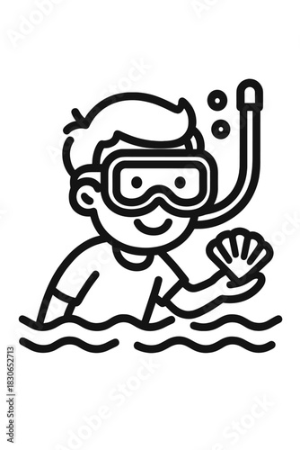 Smiling person wearing snorkeling gear holding a seashell while swimming in the ocean waves