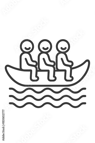 Minimalist design showing three happy people sitting in a small boat or canoe on wavy water