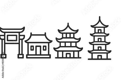 Outline icons of traditional Asian architecture including Japanese pagodas and Torii gate