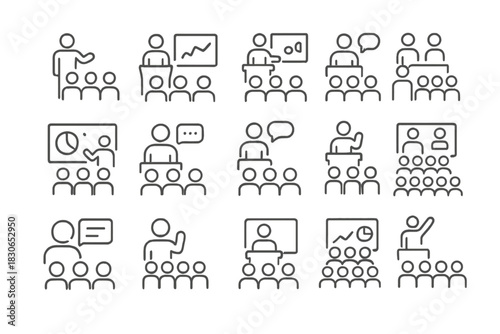 Business presentation and conference symbols showing speakers, audience, charts, and discussion