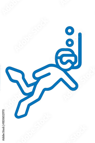 Blue line drawing of a swimmer wearing a mask and snorkel diving underwater with rising bubbles