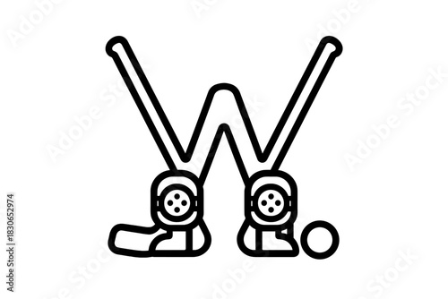 Minimalist black outline design showing golf clubs and ball arranged in a stylized letter W shape