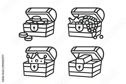 Collection of four open treasure chest icons overflowing with gold coins and valuable riches